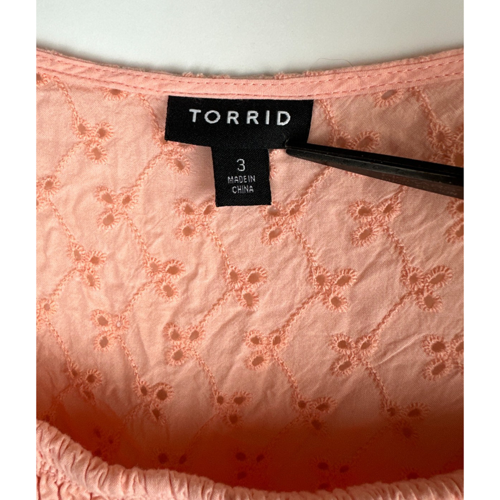Torrid Voile Eyelet Smocked Babydoll 3/4 Sleeve Top Peach Women's Plus Size 3 3X - Picture 7 of 10